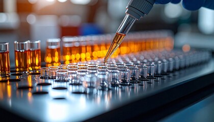 Pipette dispensing a liquid onto a multi-well plate in a laboratory