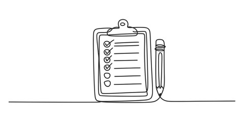 One continuous line drawing illustration of a clipboard and pencil for conceptual art and design vector