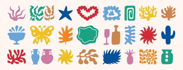 abstract matisse organic shapes set. leaf, plants, cactus, vase collage style. Contemporary aesthetic colorful element collection