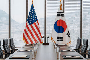 american and south korean desk flags symbolizing alliance and international relations