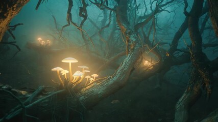 Camera moving along branch in foggy forest showing glowing mushrooms with twisted limbs, copy space - Powered by Adobe