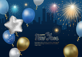 Naklejka premium Winter Night New Year Party with Fireworks