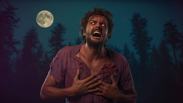 Under full moon, male transforming into wolf at forest, ripping purple shirt, fur emerging, howling