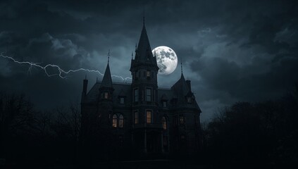 Glowing Gothic mansion standing in clearing under cloudy sky, with lightning bolt and full moon