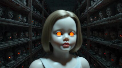 Porcelain doll appearing from corridor end walking toward camera amid doll heads, glowing eyes - Powered by Adobe