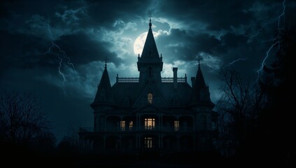 Towering gothic mansion looming among bare branches on estate, with lightning flashes, full moon
