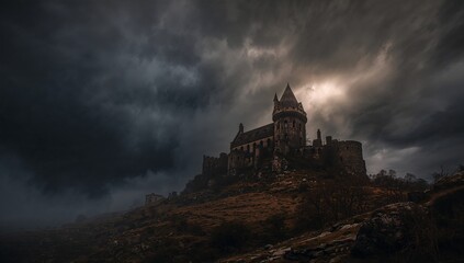 Obraz premium Medieval stone castle sitting atop rocky hillside, battlements and turrets catching storm light