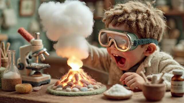 Young scientist experimenting with chemical reaction model in laboratory
