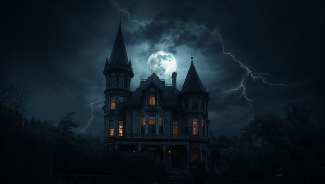 Glowing turreted mansion standing in lightning-lit storm, illuminated windows, veranda, full moon
