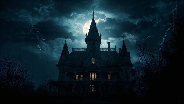 Towering gothic mansion looming among bare branches on estate, with lightning flashes, full moon