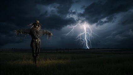 Scarecrow wearing overalls standing in tall grass under storm clouds, forked lightning, copy space