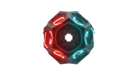 Futuristic geometric orb with glowing red and cyan lights pulses with digital energy, ideal for tech innovation and abstract concepts