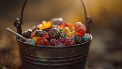 Naklejka premium Metal bucket holding wrapped candies, round lollipops and candy stick on garden soil, glowing ligh