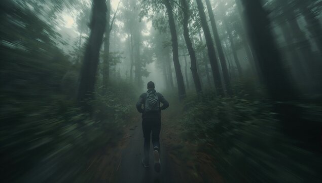 Jogging lone adult runner carrying backpack along narrow foggy forest path, with cap, trail shoes