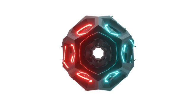 Futuristic geometric orb with glowing red and cyan lights pulses with digital energy, ideal for tech innovation and abstract concepts - Powered by Adobe