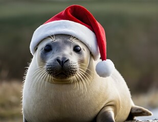 cute seal wearing a santa hat