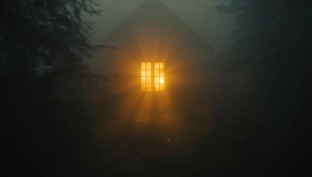Shining wooden cabin window casting golden beams into misty evergreen forest clearing, night scene