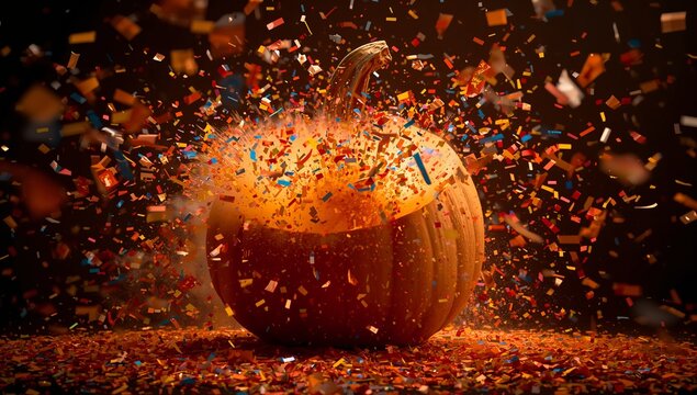 Erupting colorful confetti flying from glowing pumpkin on dark studio tabletop, vivid celebration - Powered by Adobe