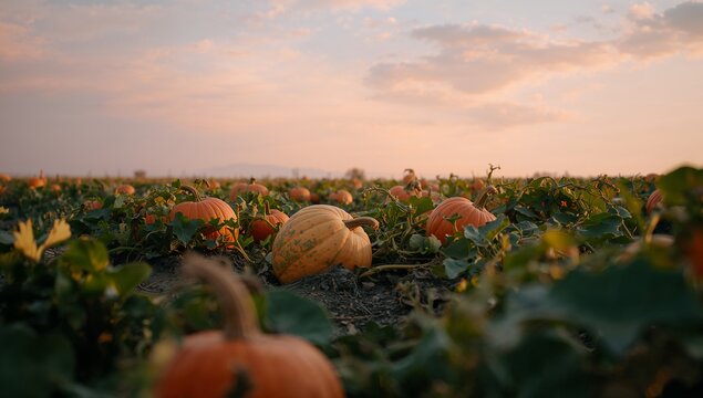 Displaying large mottled pumpkin resting on vines in dusk farm field, with pastel sky backdrop
