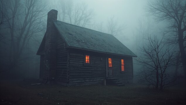 Glowing windows illuminating pitched-roof cabin in foggy clearing with stone chimney and steps