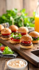 Mini burgers on a wooden board, topped with tomato and onion
