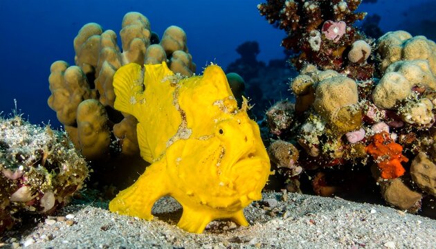 A vibrantly yellow frogfish blends with coral, underwater