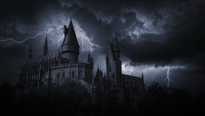 Towering gothic castle braving storm clouds on rocky hill with trees, turrets, spires, lightning