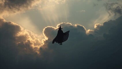 Hovering cloaked figure floating amid sunrise cloud bank, with pointed hat and billowing cloak