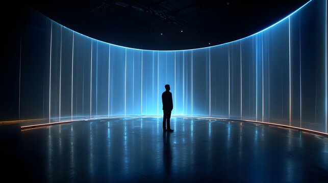 Lone figure stands within futuristic curved light installation.