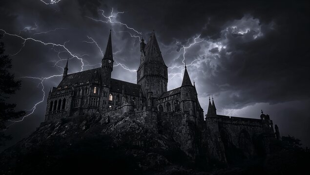 Towering gothic stone castle on rocky hilltop at night, with lit windows and branching lightning
