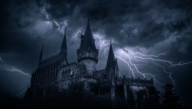 Rising medieval stone castle gleaming under stormy sky on forested hillside, with lightning bolts