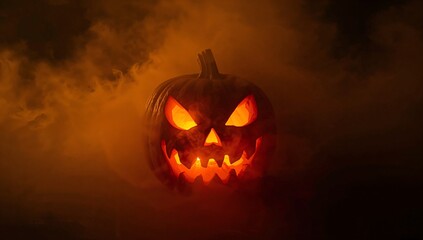 Fototapeta premium Glowing carved pumpkin jack-o'-lantern emitting orange light on dark stage, smoke swirling around