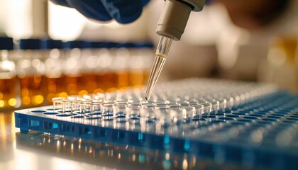 Pipette dispensing a liquid onto a multi-well plate in a laboratory