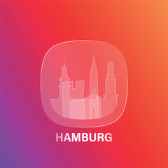 Hamburg, Germany: icon and logo prototype with glass liquid effect. Flat emblem with shapes of landmarks. Concept for mobile app, sticker, web element.