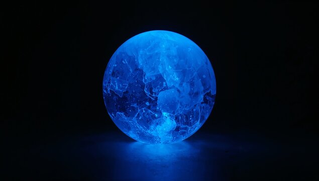 Glowing blue sphere emitting bright light on dark smooth surface, with crystalline patterns - Powered by Adobe