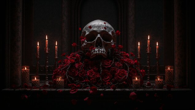Resting human skull balancing on red roses atop stone altar in crypt with flickering candles - Powered by Adobe