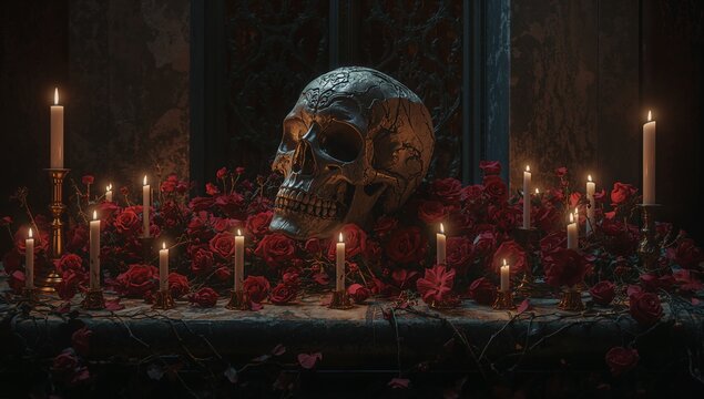 Resting carved human skull glowing on stone altar in gothic chamber, with roses and lit candles