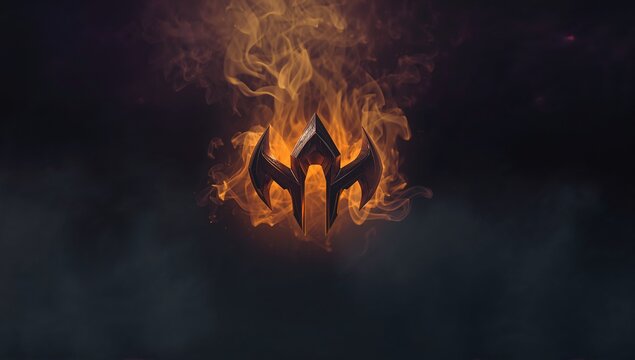 Hovering metal three-pronged emblem glowing orange fire in dark void, smoke tendrils and embers