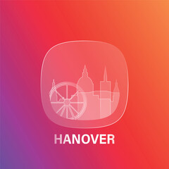 Hanover, Germany: icon and logo prototype with glass liquid effect. Flat emblem with shapes of landmarks. Concept for mobile app, sticker, web element.