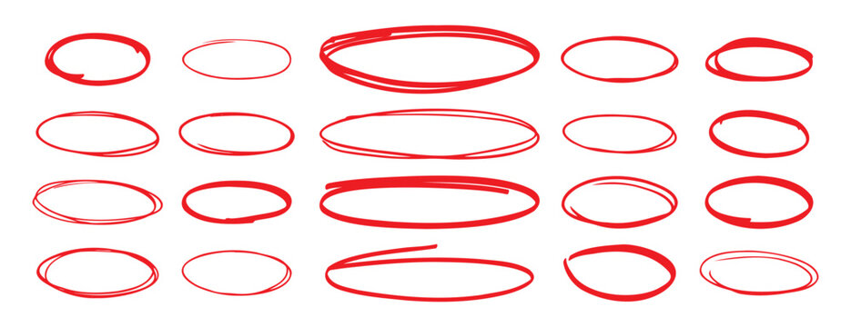 red pen hand drawn doodle marks, red circle and oval stroke set. Outline red drawing line clipart symbol
