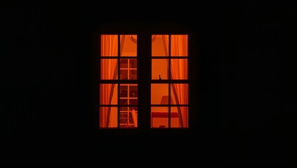 Glowing window showing mullioned panes behind curtains at night, with lamp and shelves with decor