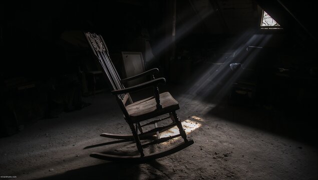 Rocking wooden chair sitting on dusty workshop floor, with sunbeams streaming through window grille - Powered by Adobe