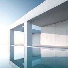 Minimalist white concrete building over reflecting pool