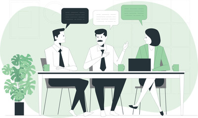 Three business people in a meeting around a table with laptops and speech bubbles above their heads discussion