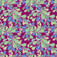 Bouquets of retro blue flowers on burgundy 