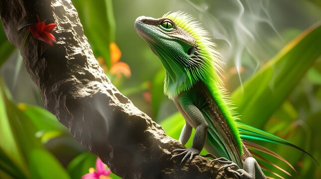 A vibrant Green Plumed Basilisk Lizard, scientifically known as Basiliscus plumifrons, is prominently featured in a natural habitat setting of Boca Tapada, with its distinctive green plume running alo