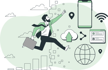 Man with briefcase running towards digital icons like cloud, wifi, and globe technology