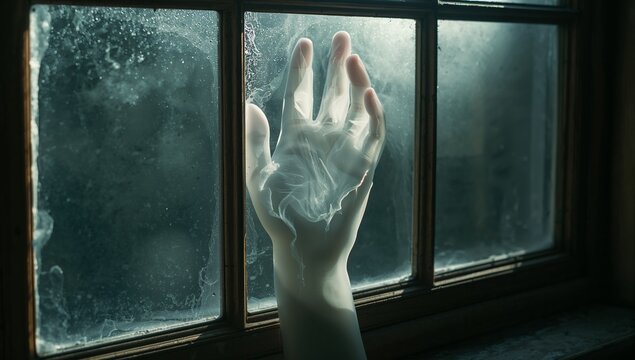 Pressing film-covered hand against grimy windowpane of house, with condensation and peeling sill