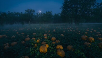 Glowing carved jack-o-lantern sitting on vines at pumpkin patch, low fog, crescent moon, tree line