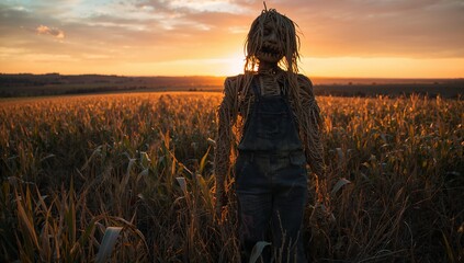 Fototapeta premium Straw scarecrow wearing denim overalls in cornstalks at dusk, sun dipping over rolling hills